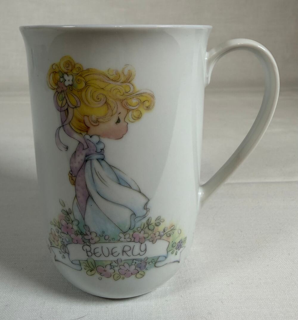 Vintage '91 Precious Moments Beverly Name Mug 8oz Lavender Enesco Samuel Butcher